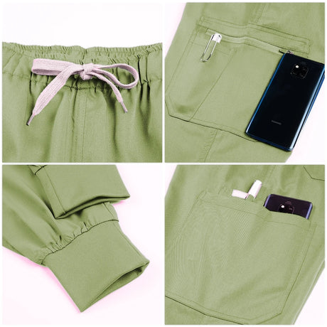 Close-up of green summer coveralls showing elastic waist, pockets, and phone storage for work comfort.