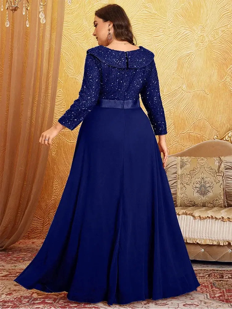 Women Plus Size Chiffon Sequin Long Sleeve Evening Dress