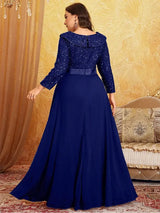 Women Plus Size Chiffon Sequin Long Sleeve Evening Dress