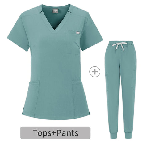 Summer breathable coveralls for women, featuring a top with pockets and matching pants, ideal for workshops and healthcare.