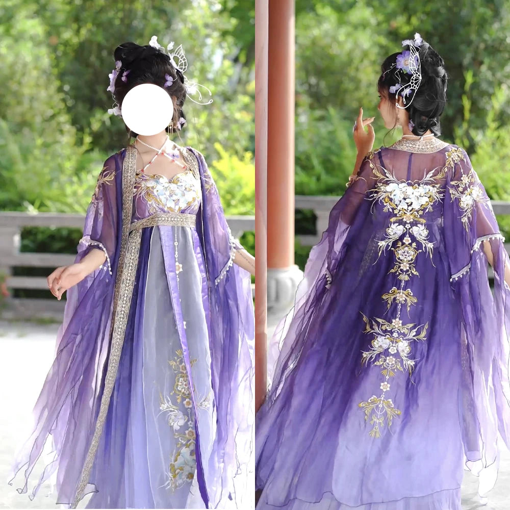 Gradient embroidery Hanfu carnival costume with elegant purple hues, featuring intricate floral designs and flowing cape.