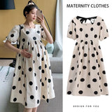 Polka dot loose maternity dress by YIGUDAR, mid-calf length, short sleeves, perfect for all seasons.