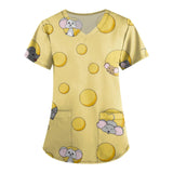 Cute mouse print scrub top in yellow with pockets, perfect for women in veterinary or medical fields.