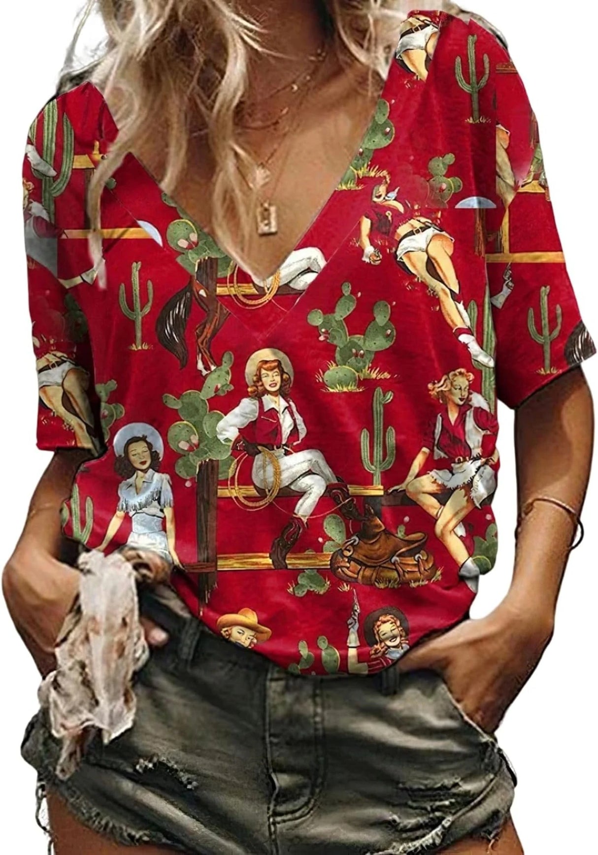 Western Cowgirl Graphic T-Shirt with floral pattern, v-neck, slight stretch, perfect for women, in vibrant red.