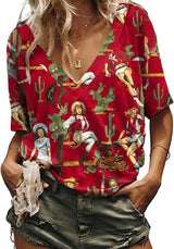 Western Cowgirl Graphic T-Shirt with floral pattern, v-neck, slight stretch, perfect for women, in vibrant red.