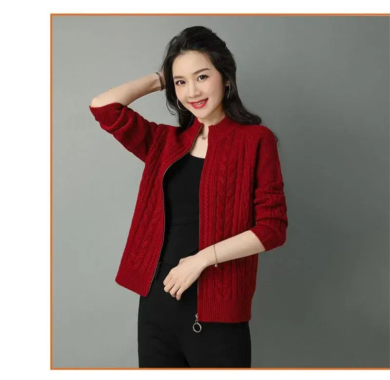 Women Zipper High Collar Knit Cardigan