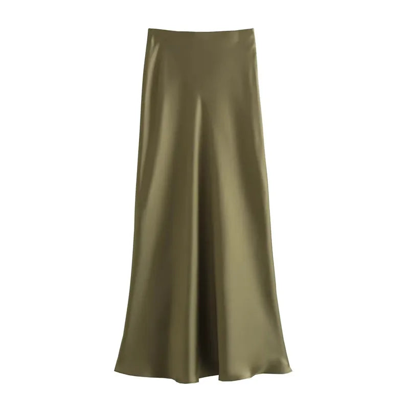 Women Satin Midi Skirt 2025