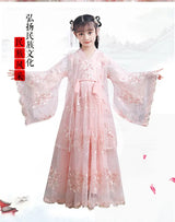 Modern fairy hanfu girls cosplay dress in delicate pink with floral details, perfect for children's costumes.