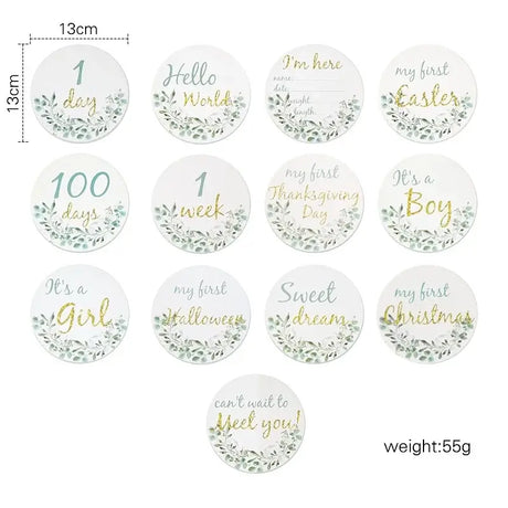 Set of 12 newborn milestone cards featuring greenery design for baby photography, celebrating special moments and events.