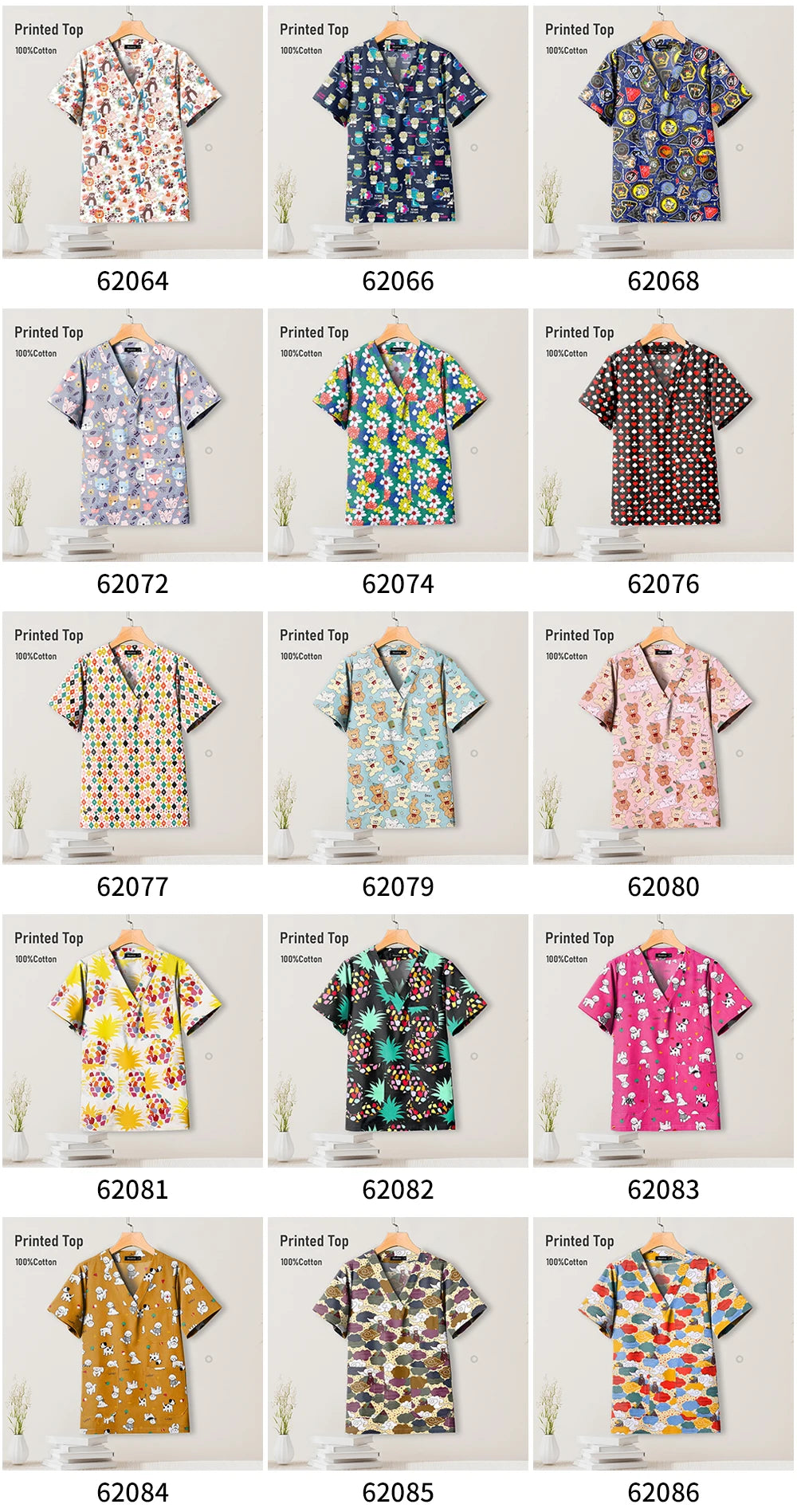 Colorful collection of printed tops displayed in a grid, featuring various floral and playful patterns.