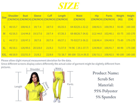 Size chart for women's medical scrub set, detailing measurements for various sizes including shoulder, bust, sleeve, and more.