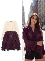 Rufflynn™ – Translucent Ruffle Blouse (V-Neck, Hollow-Out Chic for Spring/Summer)