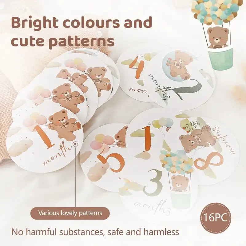 16Pcs baby milestone cards with bright colors and cute bear patterns for monthly tracking.