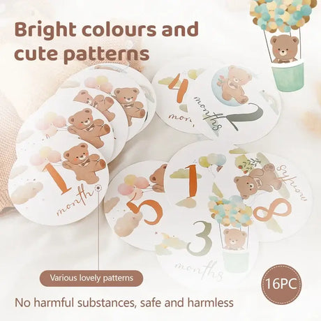 16Pcs baby milestone cards with bright colors and cute bear patterns for monthly tracking.