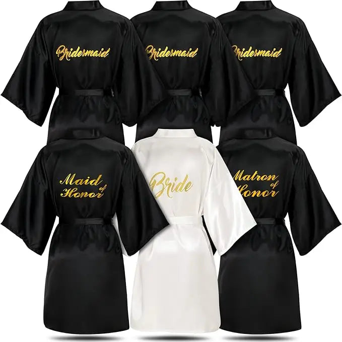 6-piece bridesmaid robe set with satin fabric, featuring designs for bride, maid of honor, and bridesmaids in black and white.