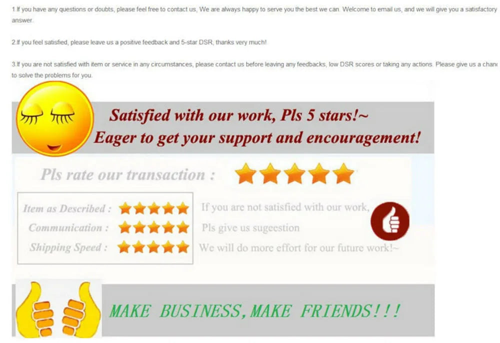 Customer feedback request with five-star rating and encouragement to leave reviews, featuring smiley face and thumbs up.