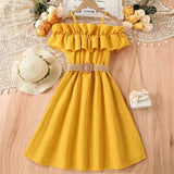 Girls yellow casual dress with off-shoulder ruffle, belt, and summer accessories like a hat and bag.