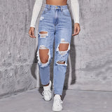 Women Retro Hole Wide-Leg Jeans