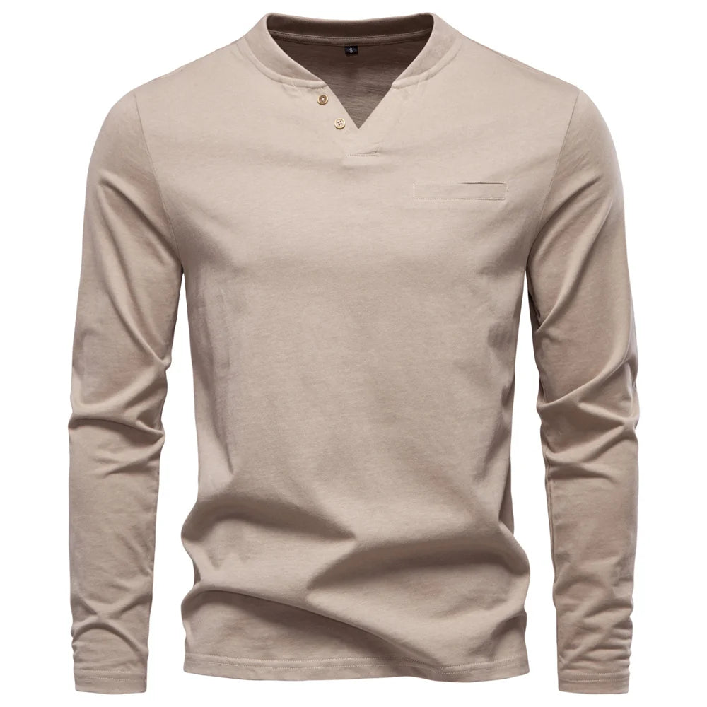 Men Cotton Henley Long Tee
