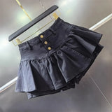 PuffyBelt™ – Puffy Layered Denim Skirt (Black A-line, High Waist)