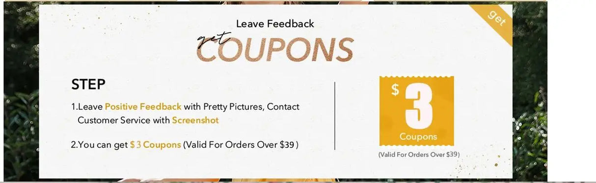 Coupon offer for $3 off on orders over $39 by leaving feedback with a screenshot.