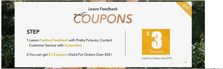Coupon offer for $3 off on orders over $39 by leaving feedback with a screenshot.