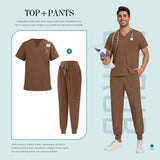 Unisex nurse surgical scrub suit jogger set in brown, stylish and breathable for medical and beauty professionals.