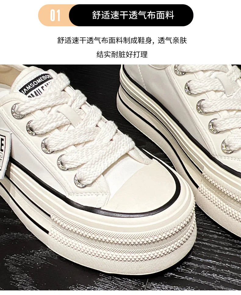 Women Canvas Shoes Black White Platform Sneakers