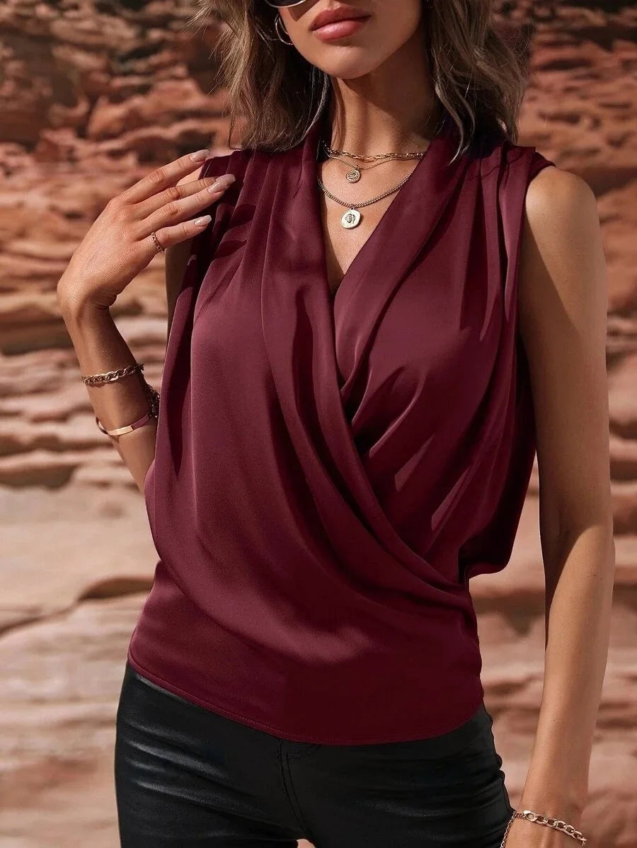 Women Sleeveless Satin Pleated Blouse
