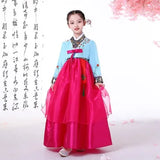 Traditional Korean Hanbok dress for girls featuring blue and pink colors, perfect for cultural events and dance performances.