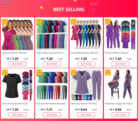 Collage of best-selling women's surgical uniforms, scrub sets, and jogger suits with pricing and buy options.