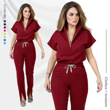 Women’s medical scrub set featuring a zippered top and matching pants in burgundy; stylish and practical for healthcare settings.