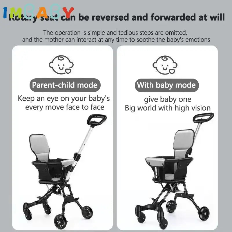 Light foldable baby stroller showcasing parent-child and baby modes for versatile seating options.