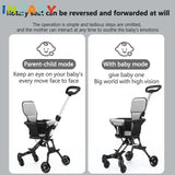 Light foldable baby stroller showcasing parent-child and baby modes for versatile seating options.