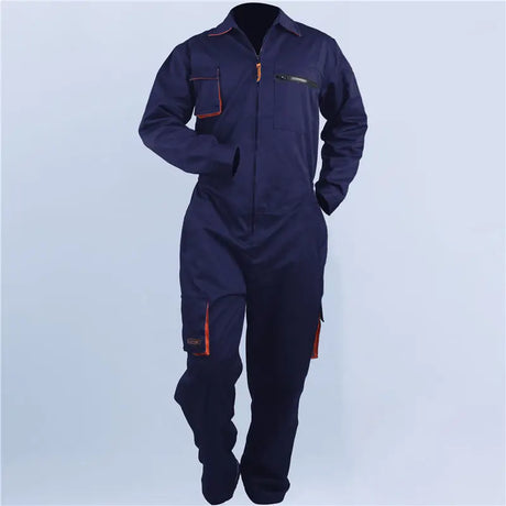 Mechanic welding coveralls in navy with orange accents, waterproof, quick-dry, unisex, ideal for auto repair and safety.