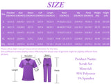 Size chart for women's medical scrub set in purple, detailing measurements for different sizes and materials.