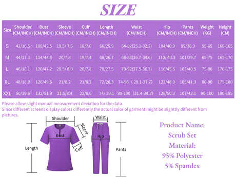 Size chart for women's medical scrub set in purple, detailing measurements for different sizes and materials.