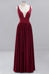 V-neck burgundy bridesmaid evening dress with pleats and a floor-length silhouette.