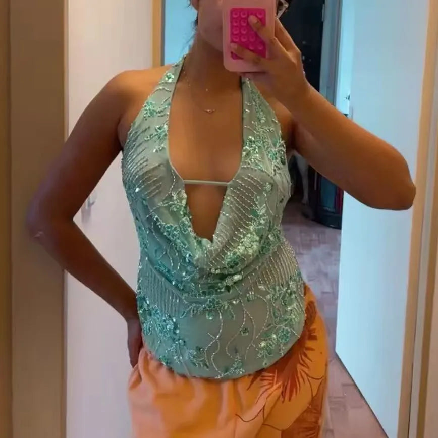 Women Sequin Deep V Tank Top