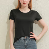 Slim fit black cotton tee for women, featuring short sleeves and a round neckline, perfect for casual summer outfits.