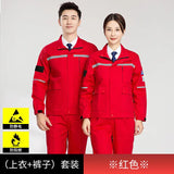 Anti-static flame-resistant welding suit in red, featuring a male and female model, ideal for safe work environments.