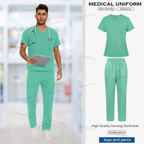 Multicolor surgical gown and scrub set for men, featuring breathable fabric and pocket detail, ideal for medical professionals.