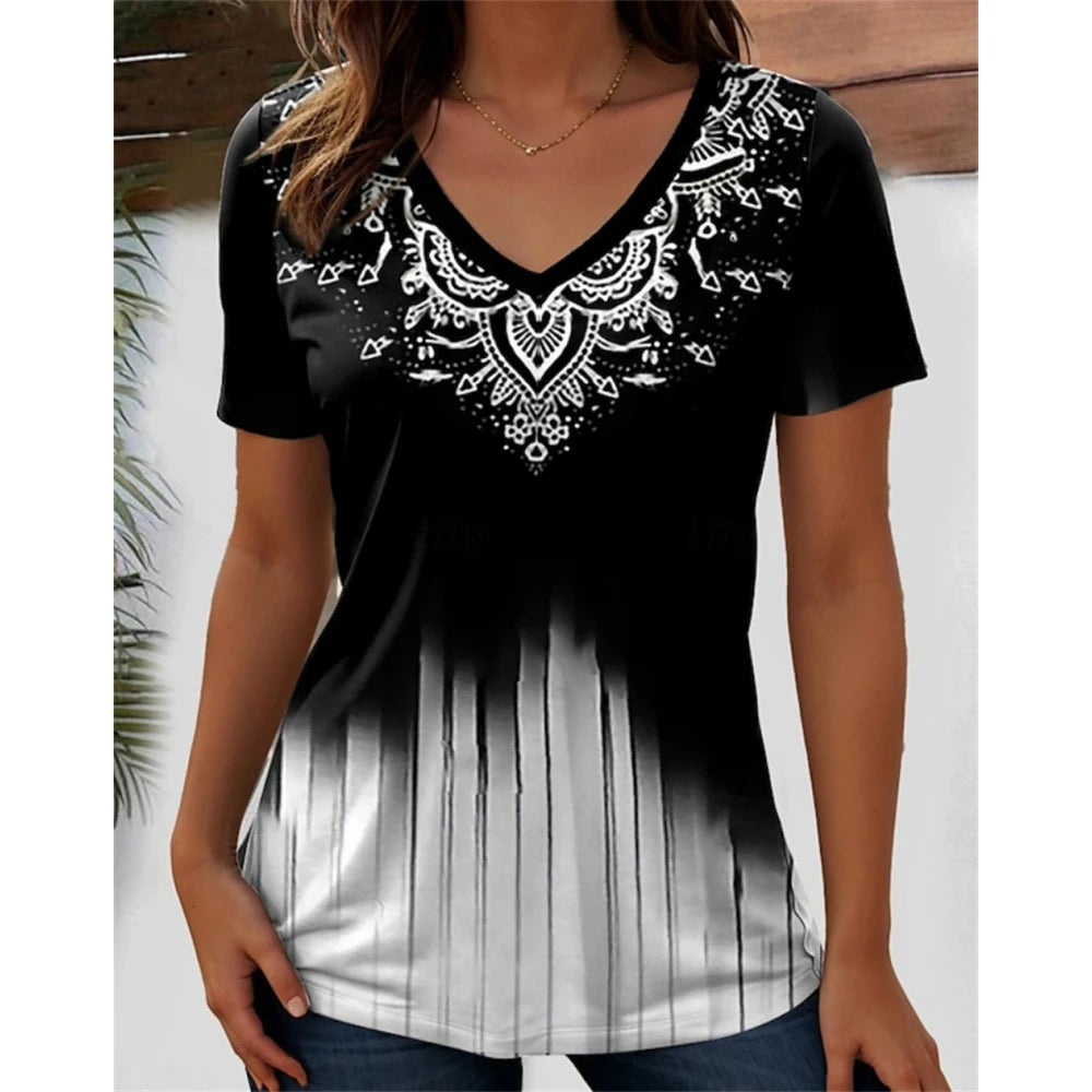 3D flower graphic V-neck tee in black and white with intricate lace design, perfect for casual wear. Slight stretch fabric.