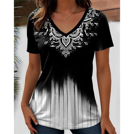 3D flower graphic V-neck tee in black and white with intricate lace design, perfect for casual wear. Slight stretch fabric.