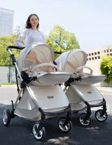 Twin baby stroller with two seats, designed for infants, showcasing a modern style outdoors.