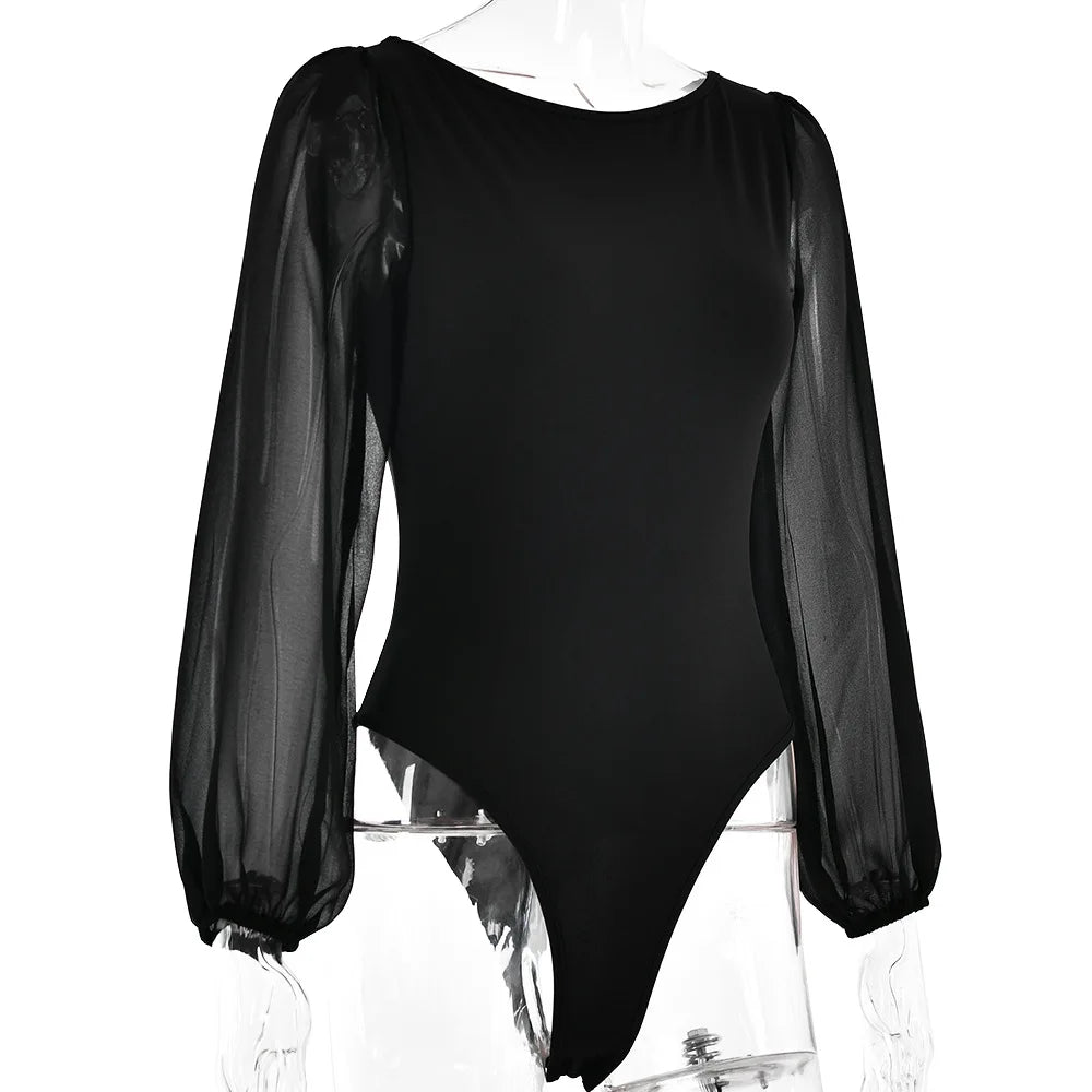 Women's Mesh Long Sleeve Bodysuit – Sexy Black White Bodycon Top