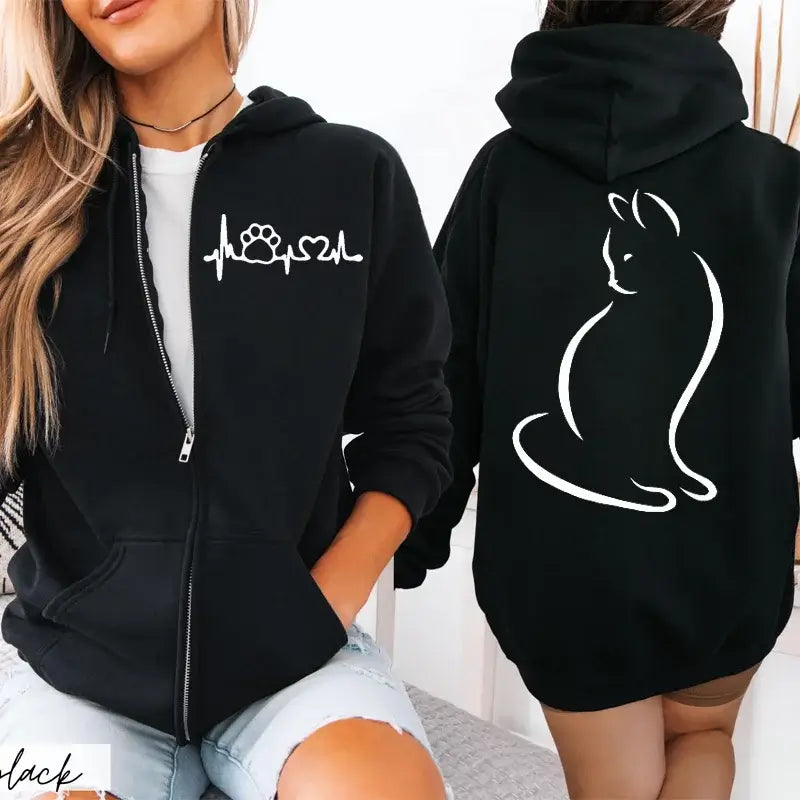 Women Cat Print Zip Hoodie Jacket Streetwear Coat