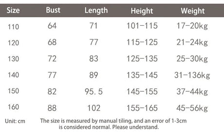 Size chart for Modern Fairy Hanfu Girls Cosplay Dress showing bust, length, height, and weight specifications.
