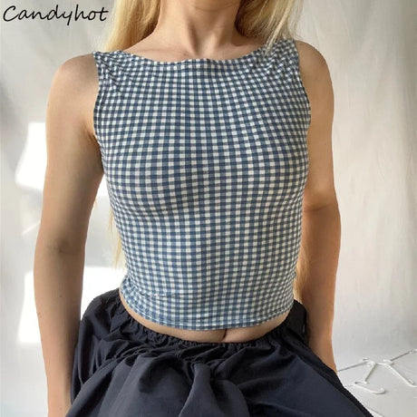 Plaid Bow Backless Y2K Crop Top featuring blue and white checkered pattern, designed for women's streetwear style.