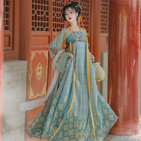 Elegant Tang Suit Hanfu dress for women, perfect for Halloween cosplay, featuring intricate designs and soft polyester material.